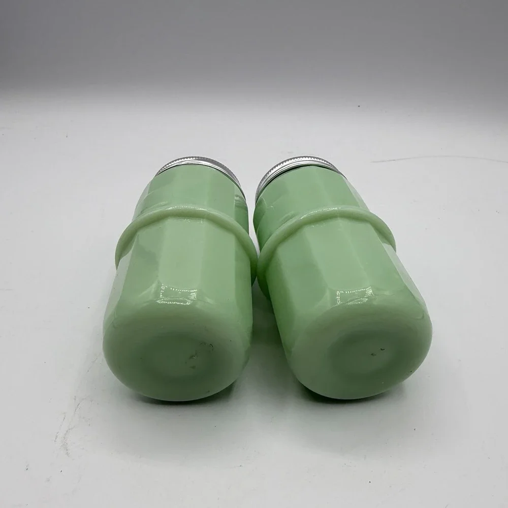 Pair of Jadeite Salt & Pepper Shakers‎ Barrel Shaped Paneled w/ Aluminium Lids